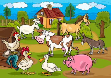 çiftlik hayvanları kırsal sahne karikatür çizimi