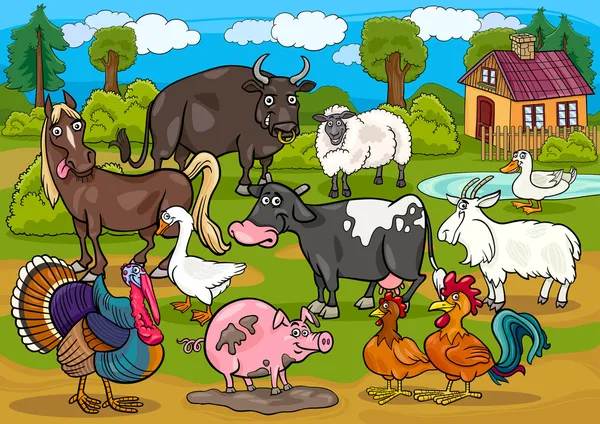 Fazenda animais país cena cartoon ilustração — Vetor de Stock