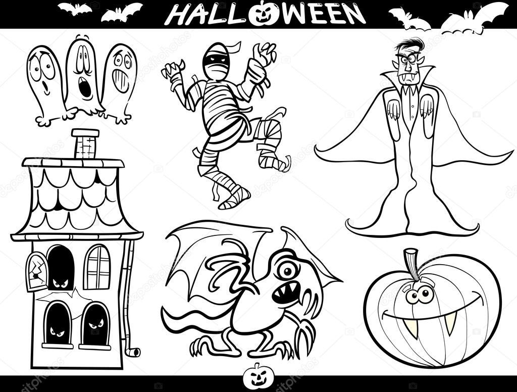 Illustration d halloween th¨mes vampire ou te dracula momie maison hantée basilic ou monster citrouille et fant´mes pour Coloriage livre ou la page