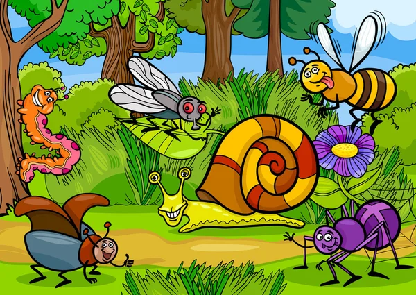 Insectos de dibujos animados en la naturaleza escena rural — Vector de stock