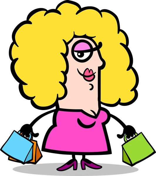 Mujer feliz con bolsas de compras de dibujos animados — Vector de stock