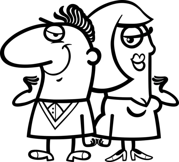 Preto e branco alegre casal desenhos animados — Vetor de Stock