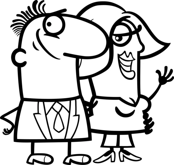 Preto e branco feliz casal desenhos animados —  Vetores de Stock