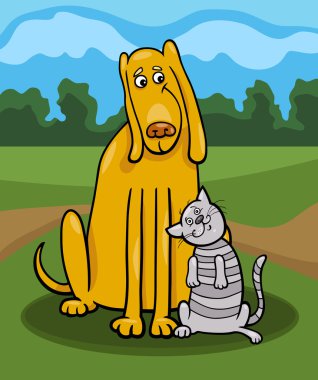 köpek ve kedi dostluk illüstrasyon karikatür