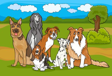 tatlı safkan köpekler grup karikatür çizimi