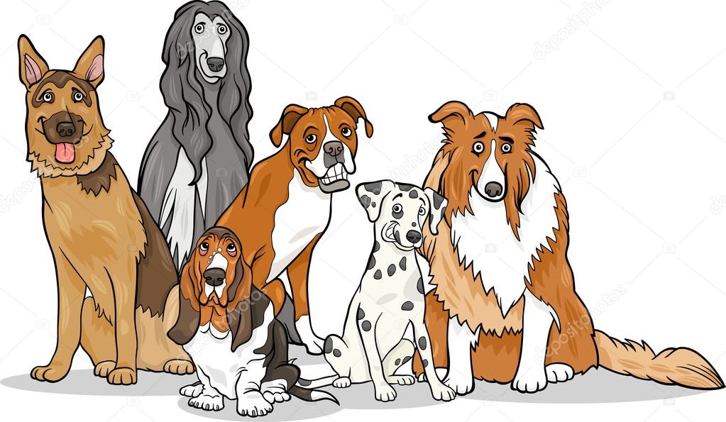 cute purebred dogs group cartoon illustration