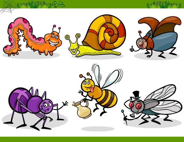Happy insects set cartoon illustration — Stock Vector