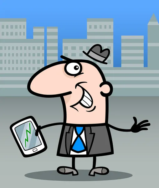 Geschäftsmann mit Tablet-PC-Zeichentrickfigur — Stockvektor