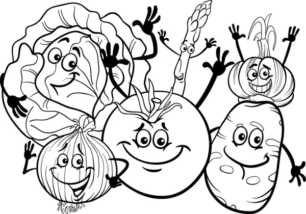 Dibujos animados grupo de verduras para colorear libro — Vector de stock