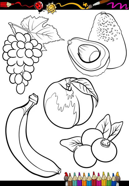 Frutas de dibujos animados conjunto para colorear libro — Vector de stock