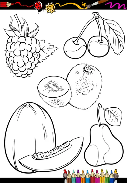 Conjunto de frutas dos desenhos animados para colorir livro — Vetor de Stock