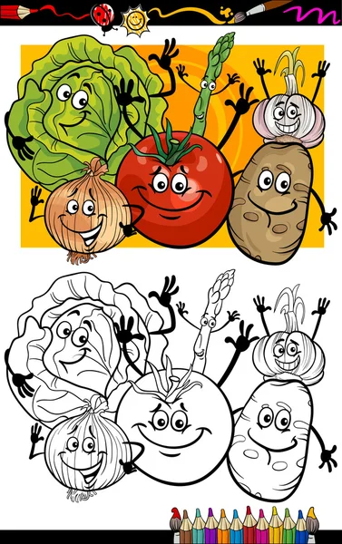 Овощи группа мультфильм для раскраски книги — стоковый вектор