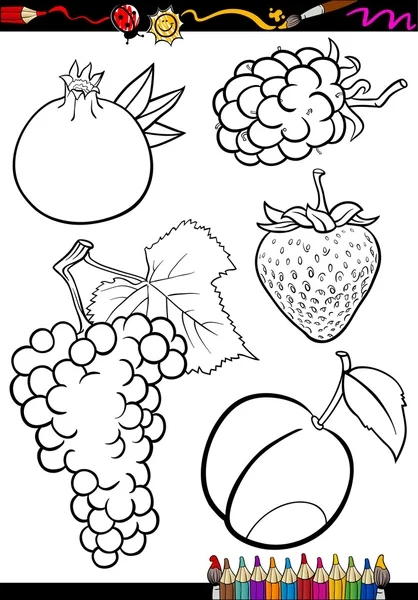 Conjunto de frutas dos desenhos animados para colorir livro — Vetor de Stock