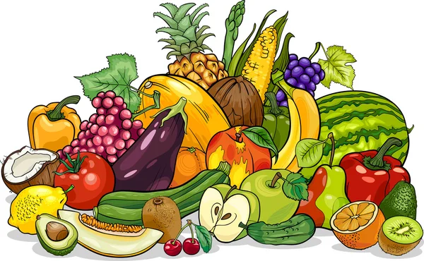 Ilustración de dibujos animados del grupo de frutas y verduras — Vector de stock