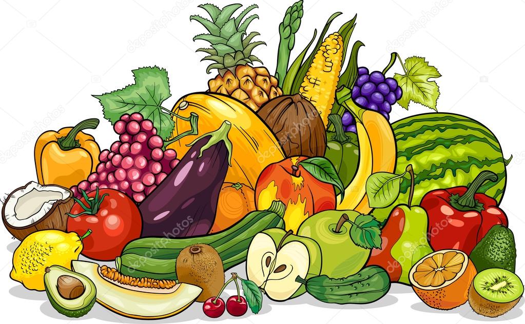 Ovoce a zelenina skupiny kreslený obrázek — Stockový vektor