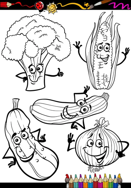 Conjunto de legumes desenhos animados para colorir livro — Vetor de Stock