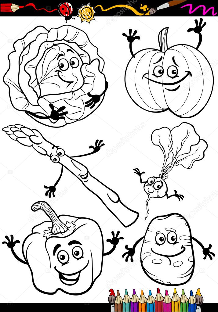 Cartoon vegetables set for coloring book Stock Illustration by