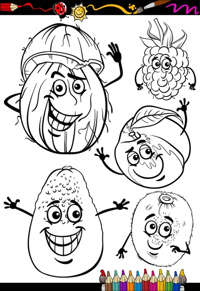 Conjunto de frutas dos desenhos animados para colorir livro — Vetor de Stock