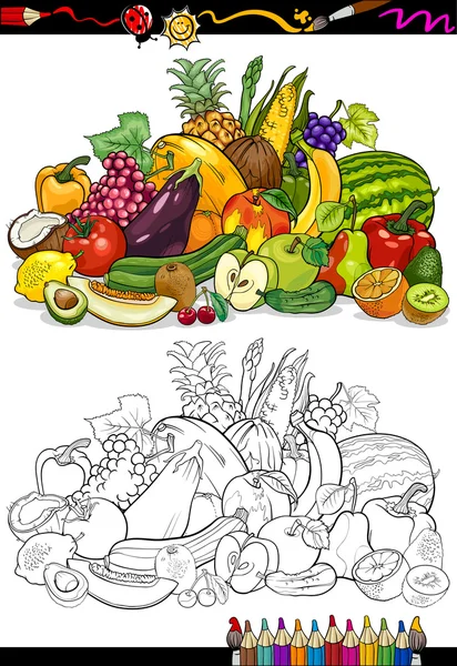 Frutas e legumes para colorir livro — Vetor de Stock