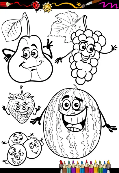 Frutas de dibujos animados conjunto para colorear libro — Vector de stock