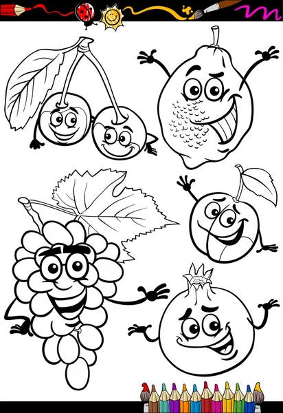 Frutas de dibujos animados conjunto para colorear libro — Vector de stock