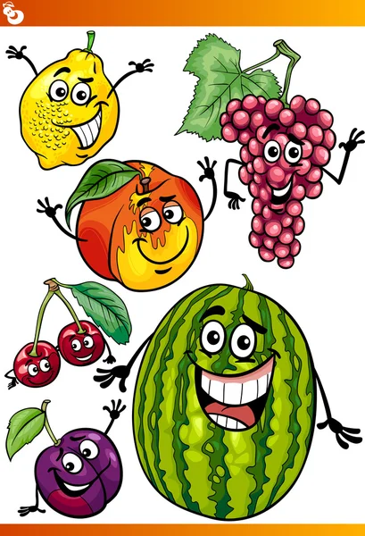 Divertente frutta cartone animato illustrazione set — Vettoriale Stock