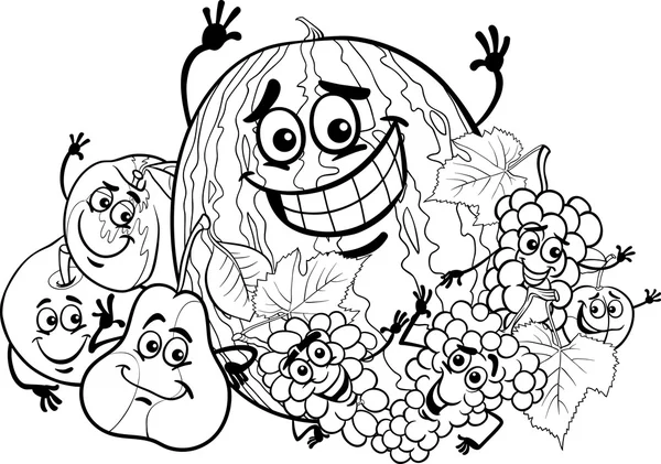 Desenhos animados de grupo de frutas para colorir livro — Vetor de Stock