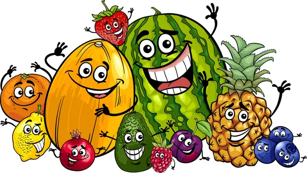 Engraçado frutas grupo desenho animado ilustração —  Vetores de Stock