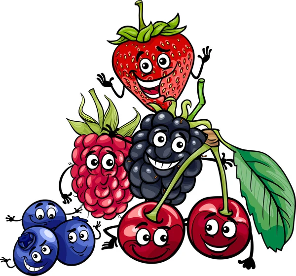 Beeren Früchte Gruppe Cartoon Illustration — Stockvektor