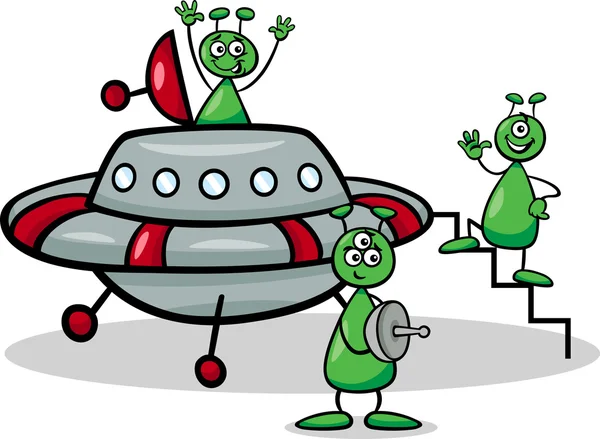 Aliens mit Ufo-Cartoon-Illustration — Stockvektor