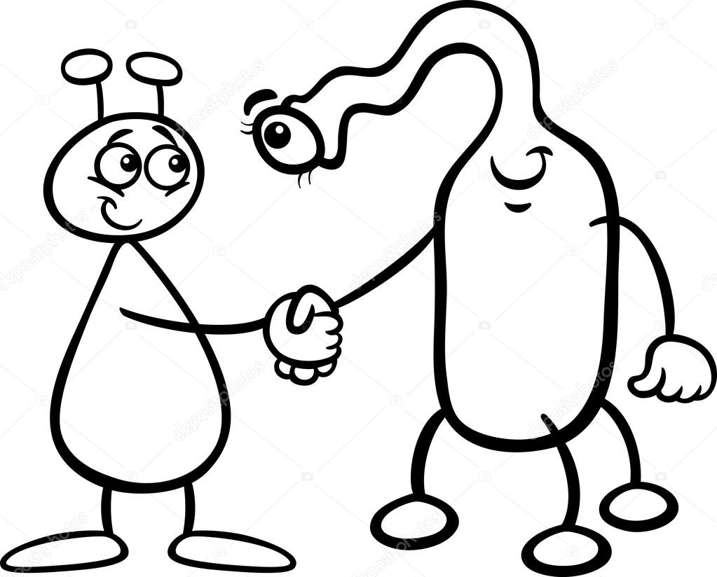 Illustrazione fumetto bianco e nero di due alieni o marziani ici caratteri strani stringe la mano per libro da colorare — Vettoriali di izakowski