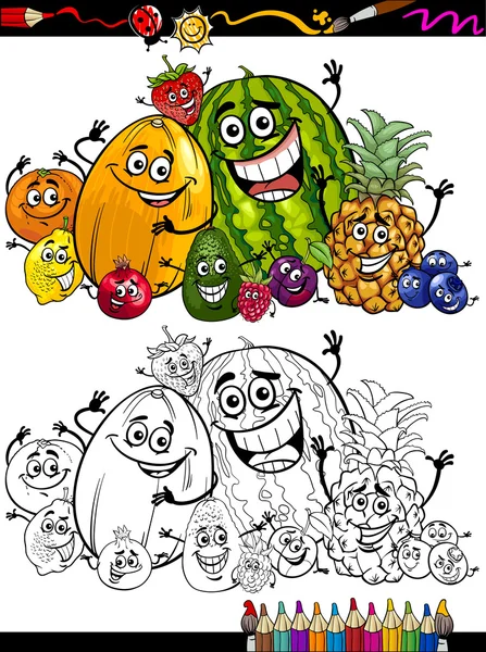 Cartoon fruits group for coloring book — Stock Vector