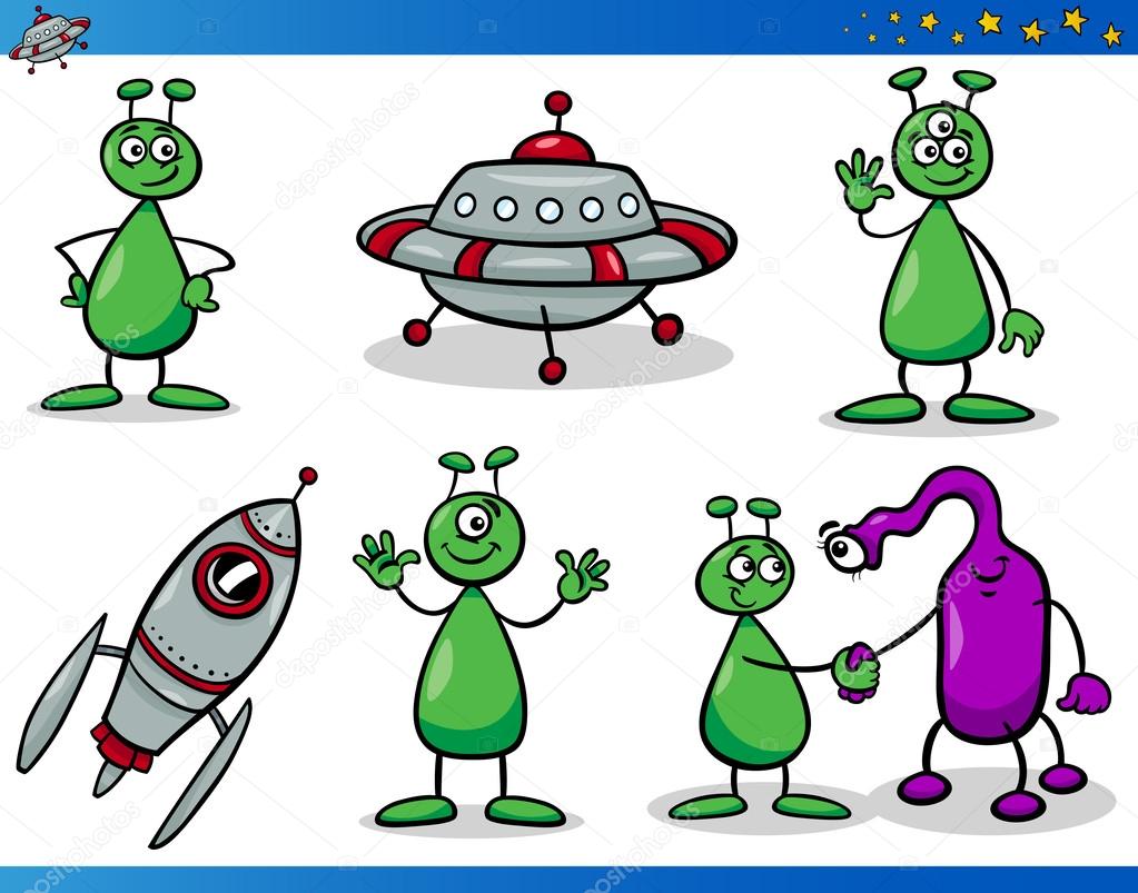 Aliens or Martians Cartoon Characters Set