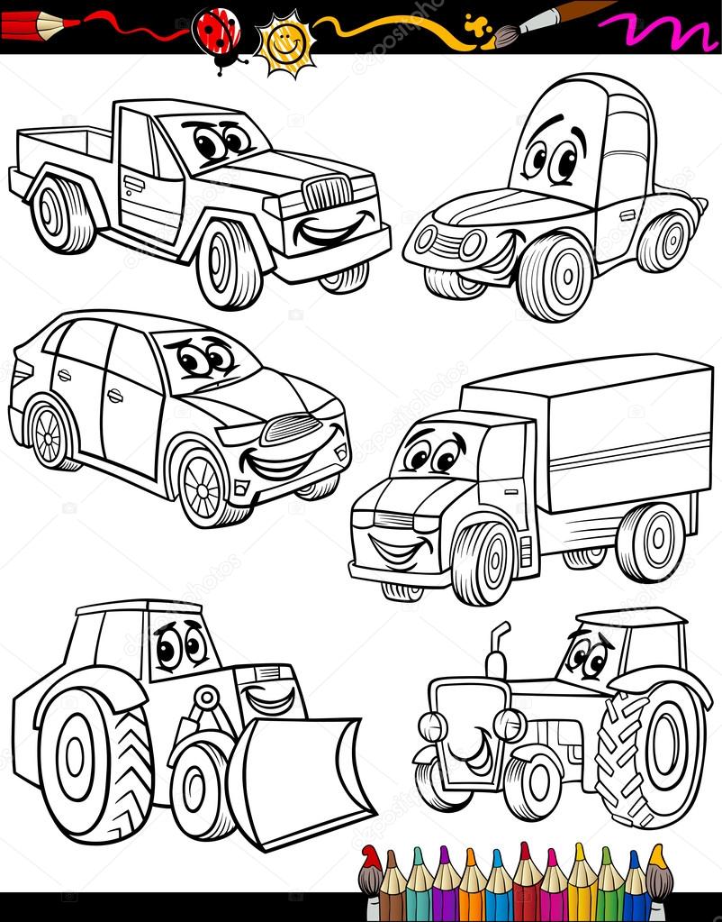 cartoon vehicles set for coloring book