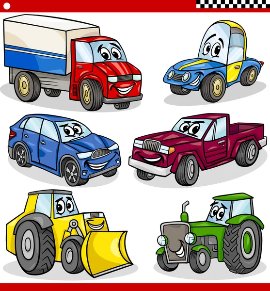 Vicces rajzfilm járművek és kocsik készlet — Stock Vector