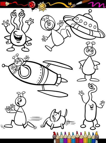 Setul de desene animate Aliens pentru carte de colorat — Vector de stoc