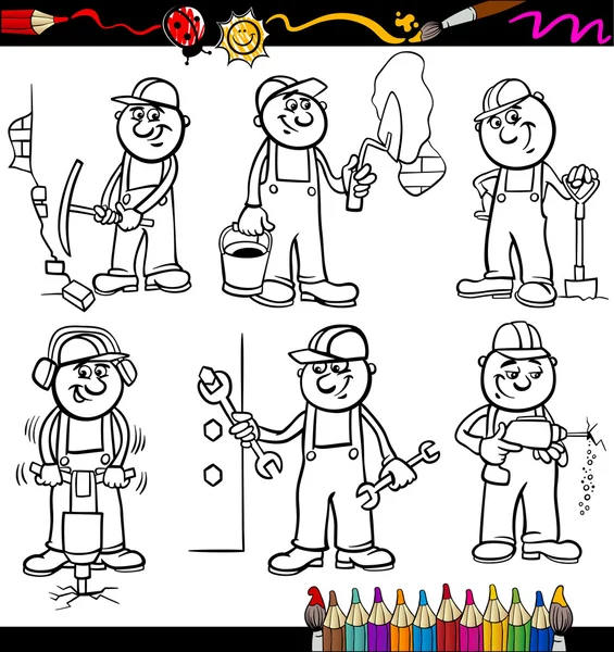 Trabajadores manuales establecidos para colorear libro — Vector de stock