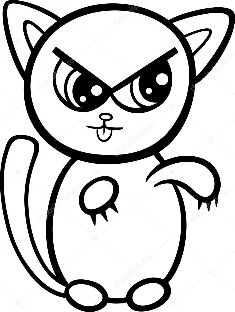 Illustrazione fumetto bianco e nero di kawaii stile carino gatto arrabbiato o gattino per libro da colorare — Vettoriali di izakowski Trova immagini simili