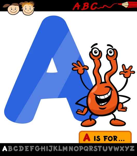 Letter a with alien cartoon illustration — Stock Vector