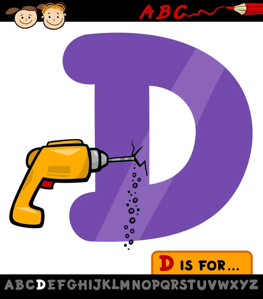 Letter d with drill cartoon illustration — Stock Vector