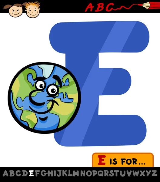 Letter e met aarde cartoon afbeelding — Stockvector