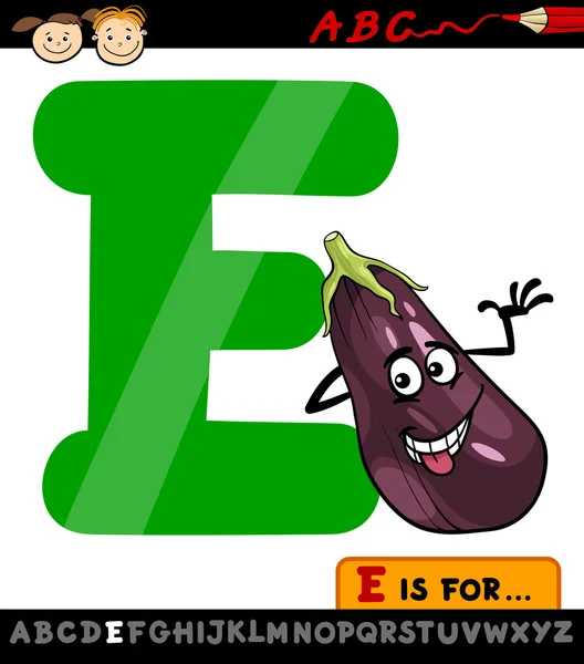 Letter e with eggplant cartoon illustration — Stock Vector
