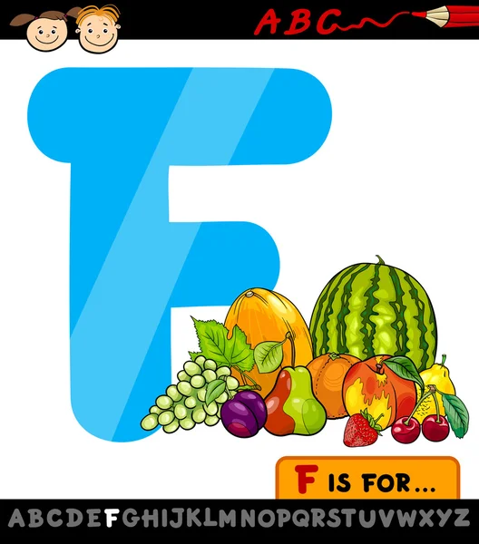 Letra f con ilustración de dibujos animados de frutas — Vector de stock