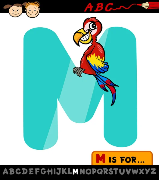 Letter m with macaw cartoon illustration — Stock Vector