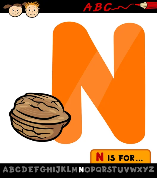 Lettre n avec illustration de dessin animé écrou — Image vectorielle