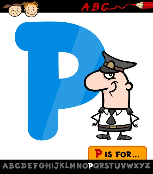 Letra p con ilustración de dibujos animados de policía — Archivo Imágenes Vectoriales