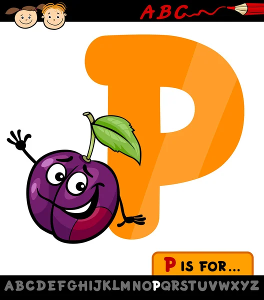 Letra p con ilustración de dibujos animados de ciruela — Vector de stock