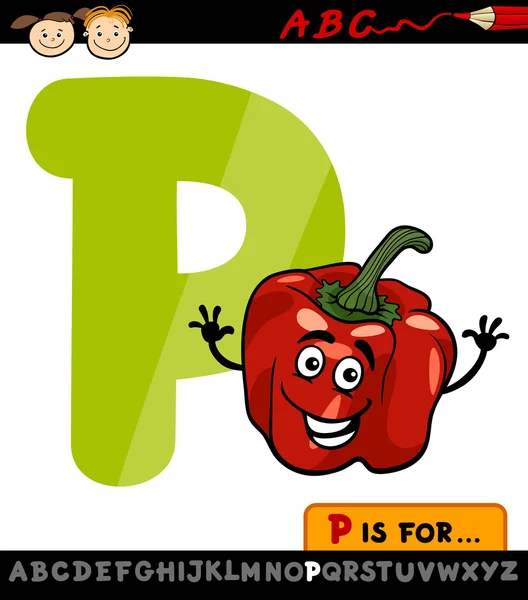 Letra p con ilustración de dibujos animados de pimienta — Vector de stock