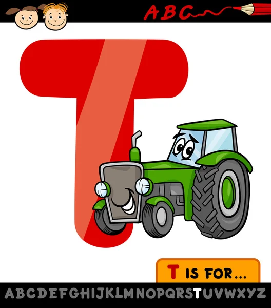 Letter t with tractor cartoon illustration — Stock Vector