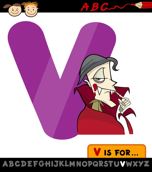 Lettera v con vampiro cartone animato illustrazione — Vettoriale Stock
